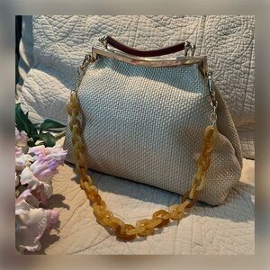 VALENTINA FIORE Tortoiseshell Detachable Chain Shoulder Strap Cream Woven Bag
